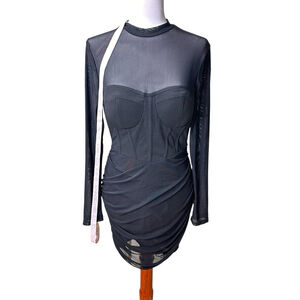 Emprada NWT Large Black Long Sleeve Mini Bodycon Dress Mesh Stretch Ruched Party
